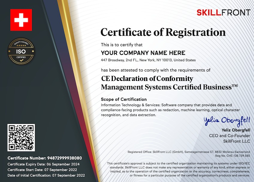 SkillFront CE Declaration of Conformity Certified Business™ Certification Document