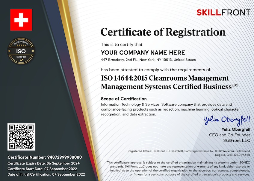 SkillFront ISO 14644:2015 Cleanrooms And Associated Controlled Environments Management Systems Certified Business™ Certification Document